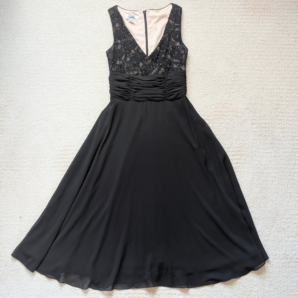Patra Black Rhinestone Beaded Black Flare Midi Dress Women’s 6 V-neck Homecoming